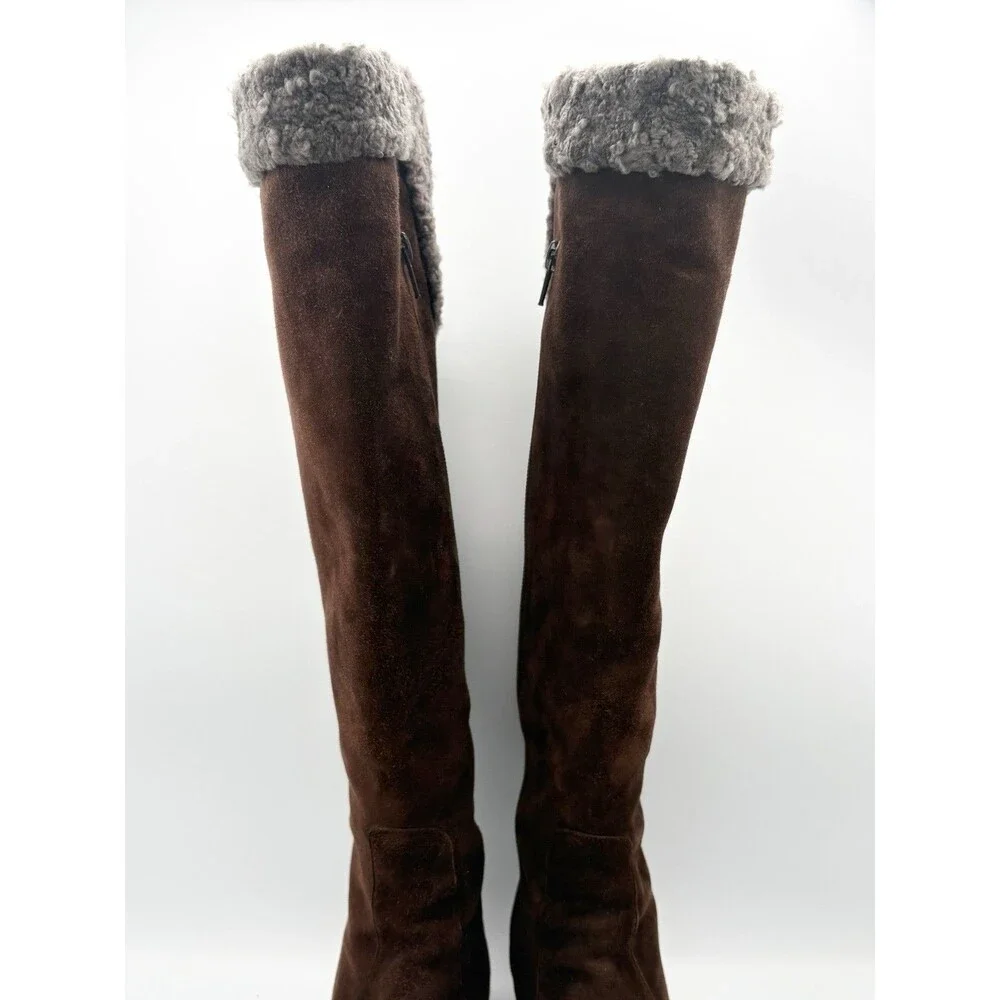 Christian Louboutin Brown Suede Knee High Boots Sheepskin Accent Size EU 36.5